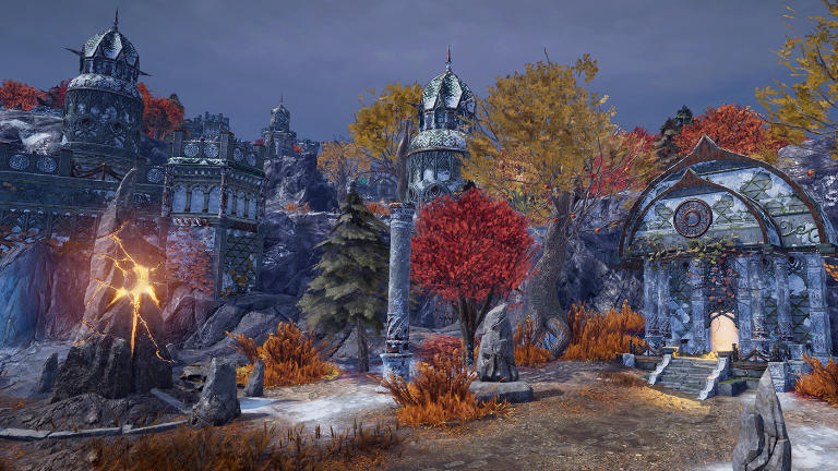 Disciples: Liberation in-game screenshot showing ancient buildings and a glowing stone